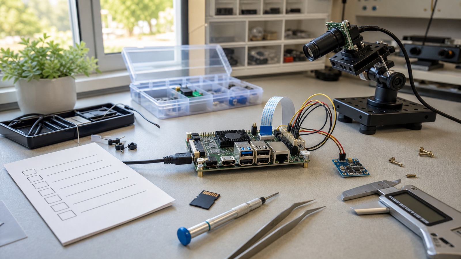 Student lab bench with AI project parts arranged for documentation