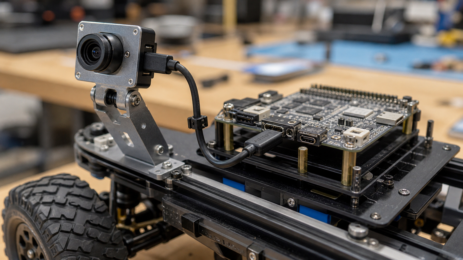 USB-C camera prototype connected to a compact robot controller on a workbench