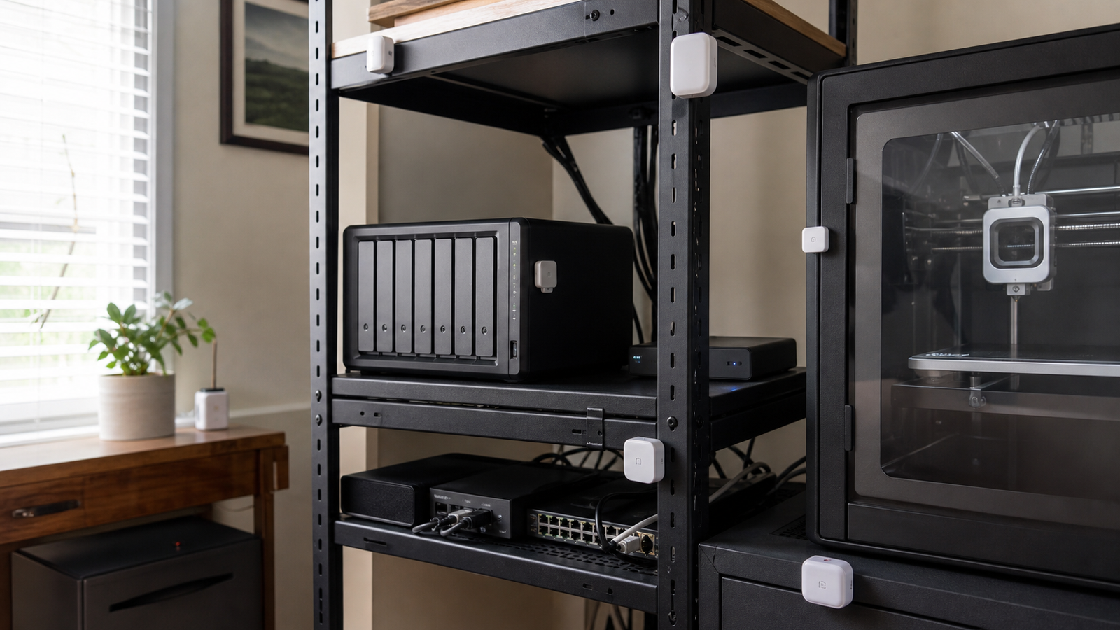 Wireless home lab sensor placement around rack and printer shelf