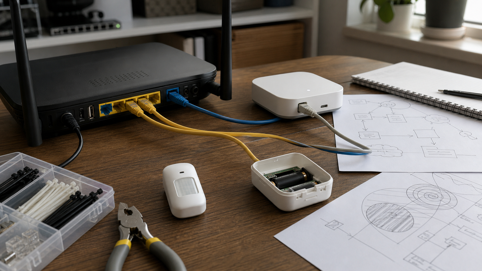 Router, Thread hub, and battery sensor arranged on a home-lab workbench