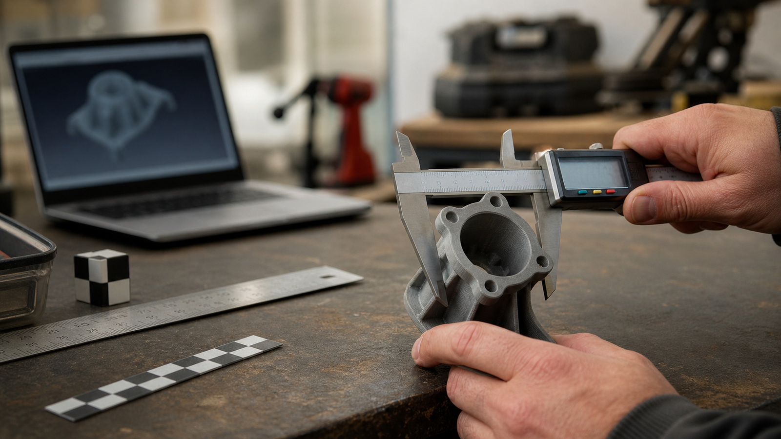 Maker bench with calipers and mesh cleanup workflow for scanned object