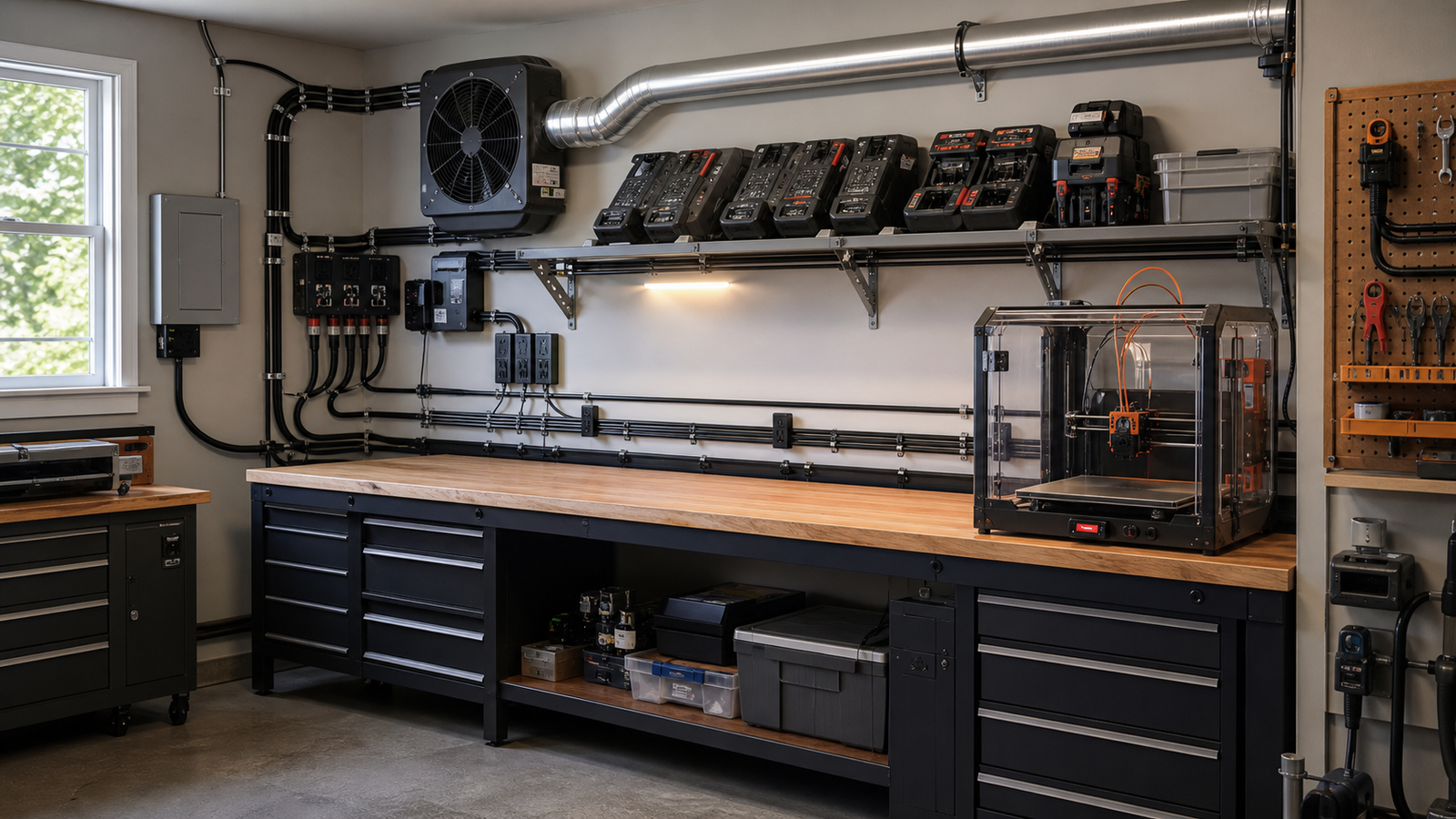 Garage maker workbench with battery chargers, 3D printer enclosure, and cable management