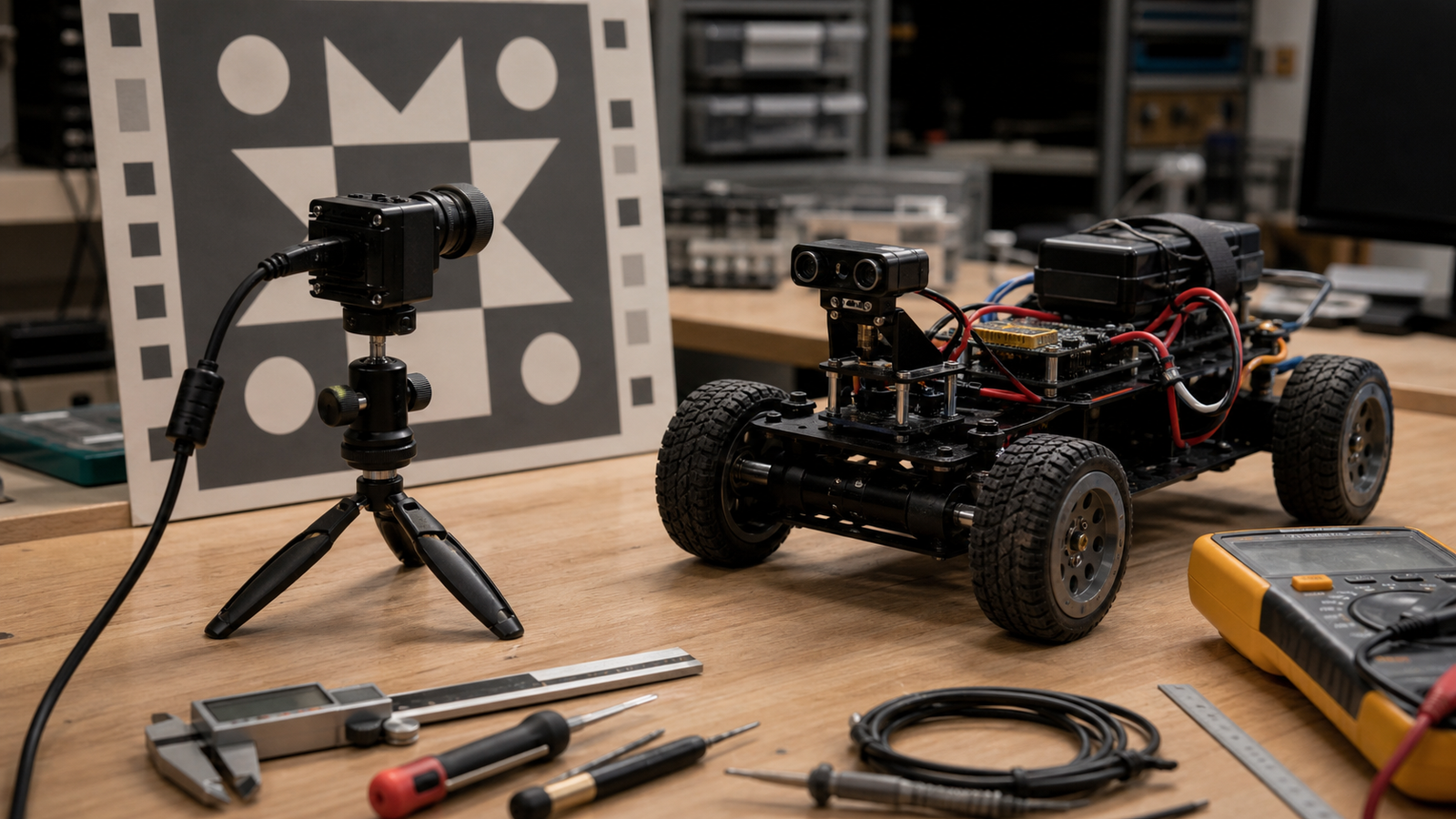 Edge AI camera test bench with small robot chassis and measurement tools
