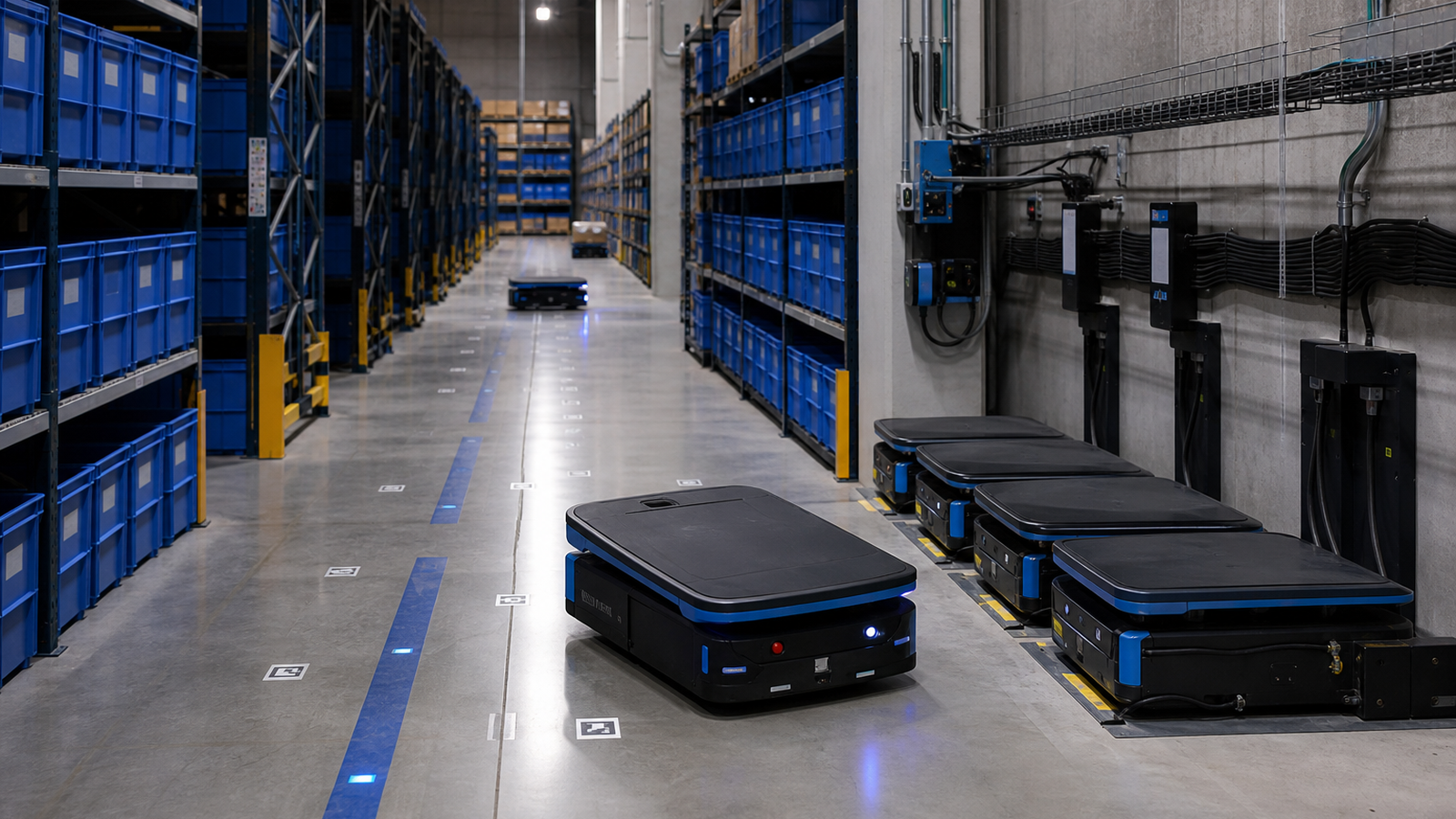 Autonomous mobile robot route map beside labeled totes and a charging area in a warehouse aisle