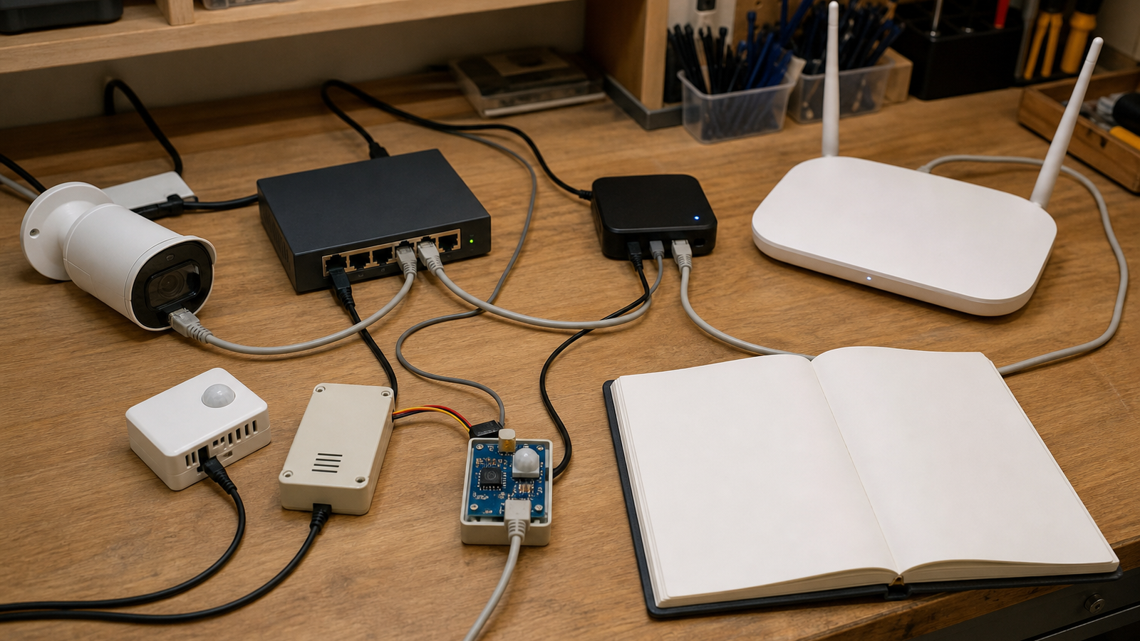 Workbench network diagram with PoE camera, Thread sensors, Wi-Fi tablet, and UPS-backed switch