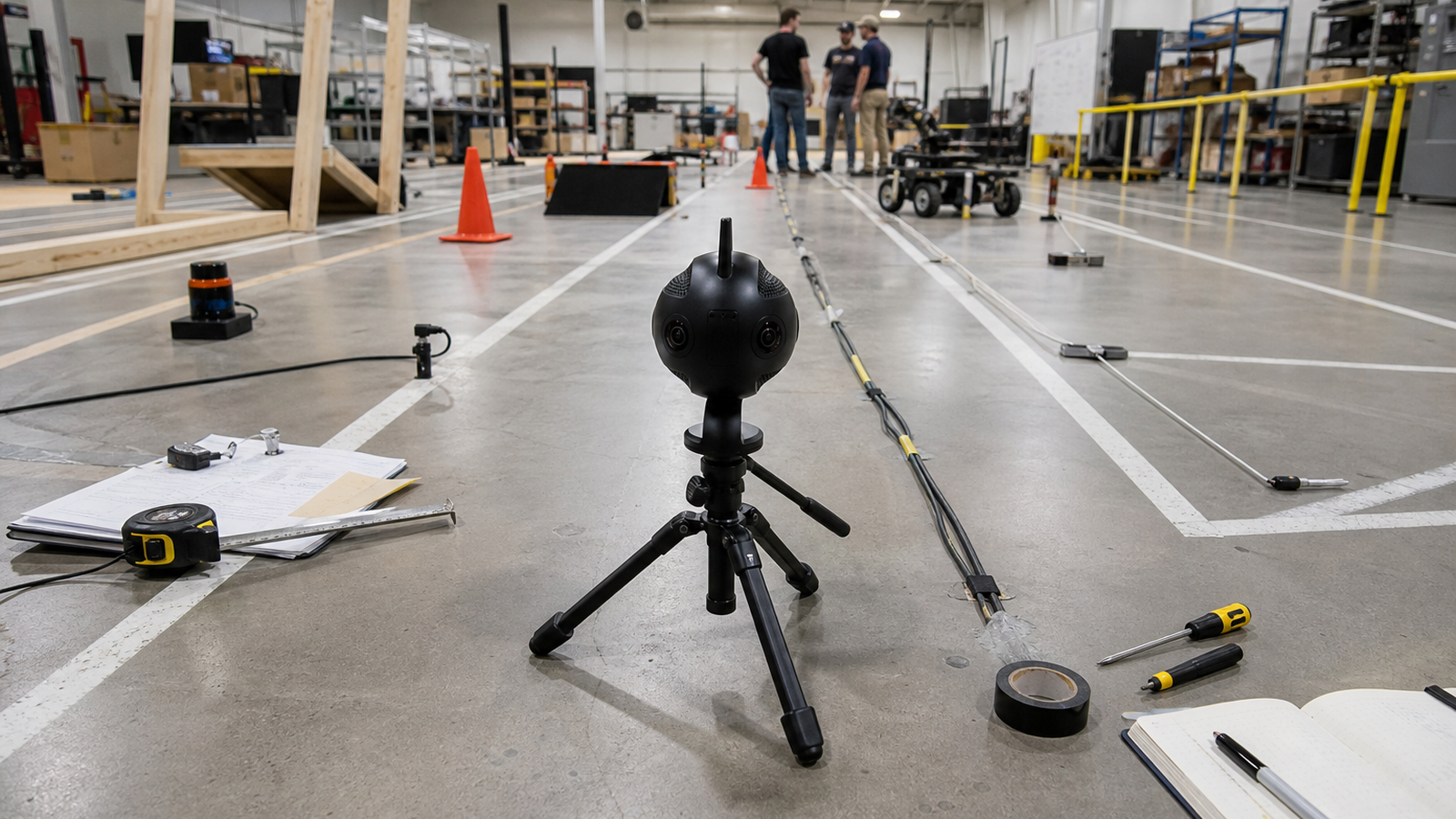 360 camera on a tripod between a robot test lane, tools, and field notes