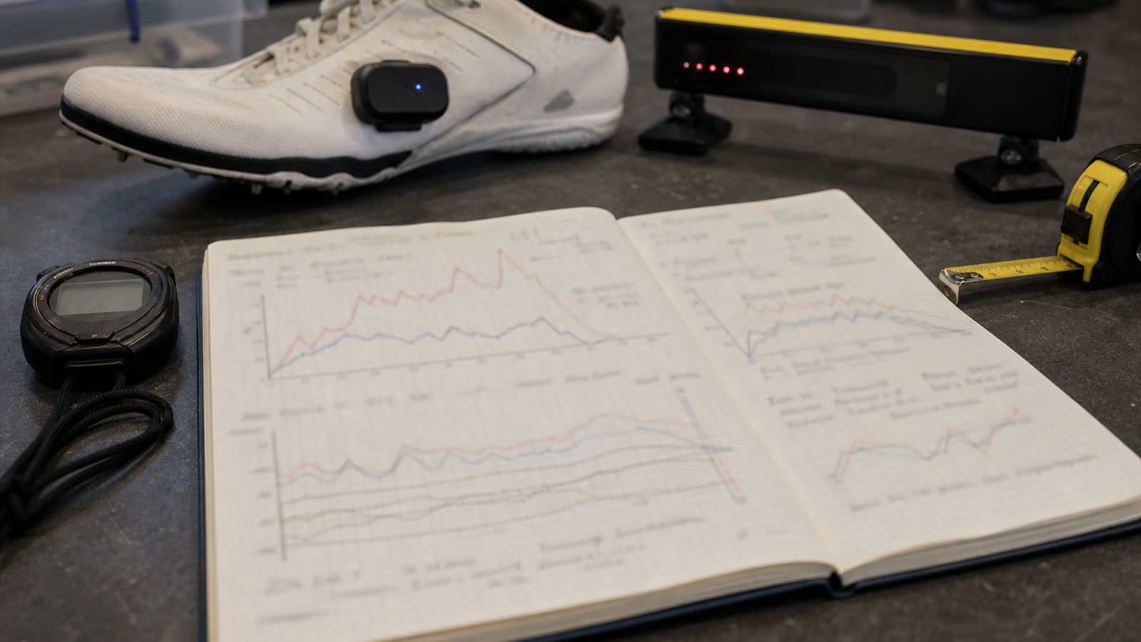 Notebook with plotted sensor readings, stopwatch, shoe pod, and timing gate receiver