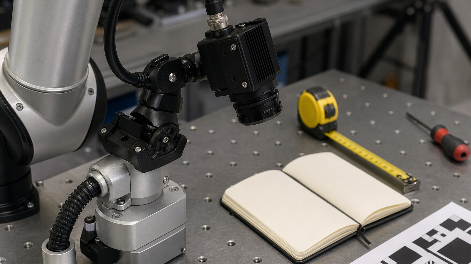 Close view of robot camera mount, measuring tape, AprilTag-style target, and calibration notes