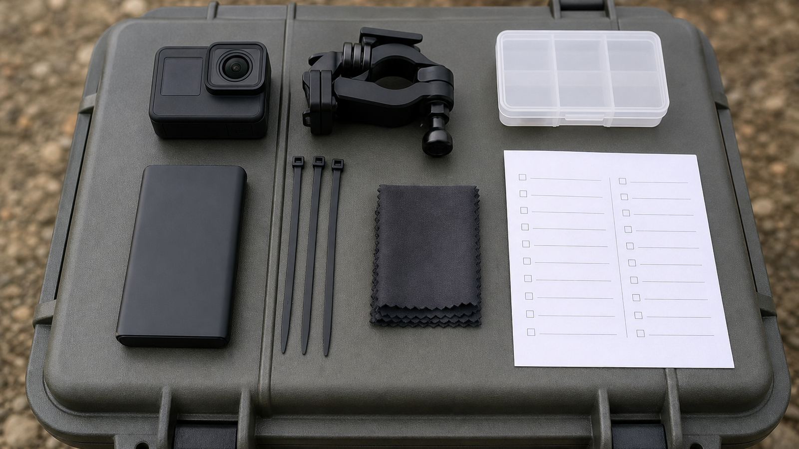Creator field kit with action camera, notebook and storage workflow items