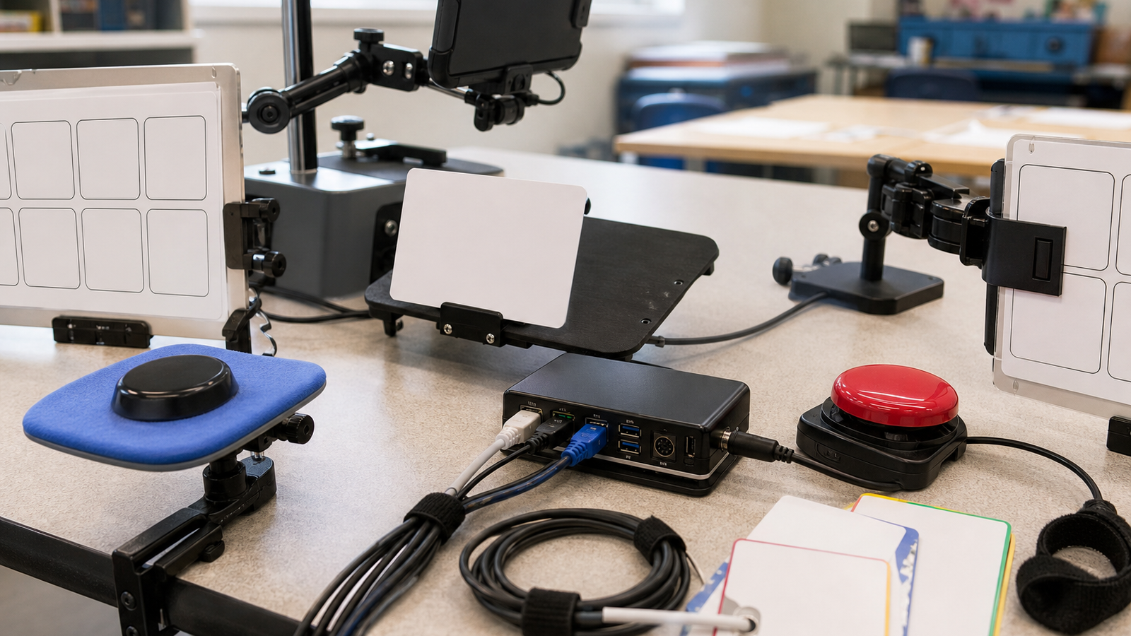 STEM lab accessibility input setup with blank profile cards and cable management