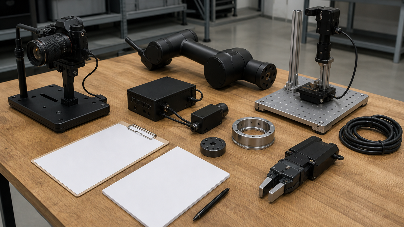 Engineering review table with robot parts, camera rig and simulation notes without readable text
