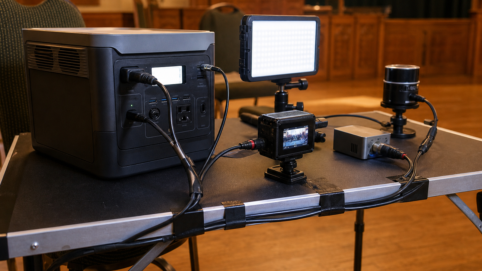 Outdoor maker event table with safe cable routing from portable power station to camera and sensor kit