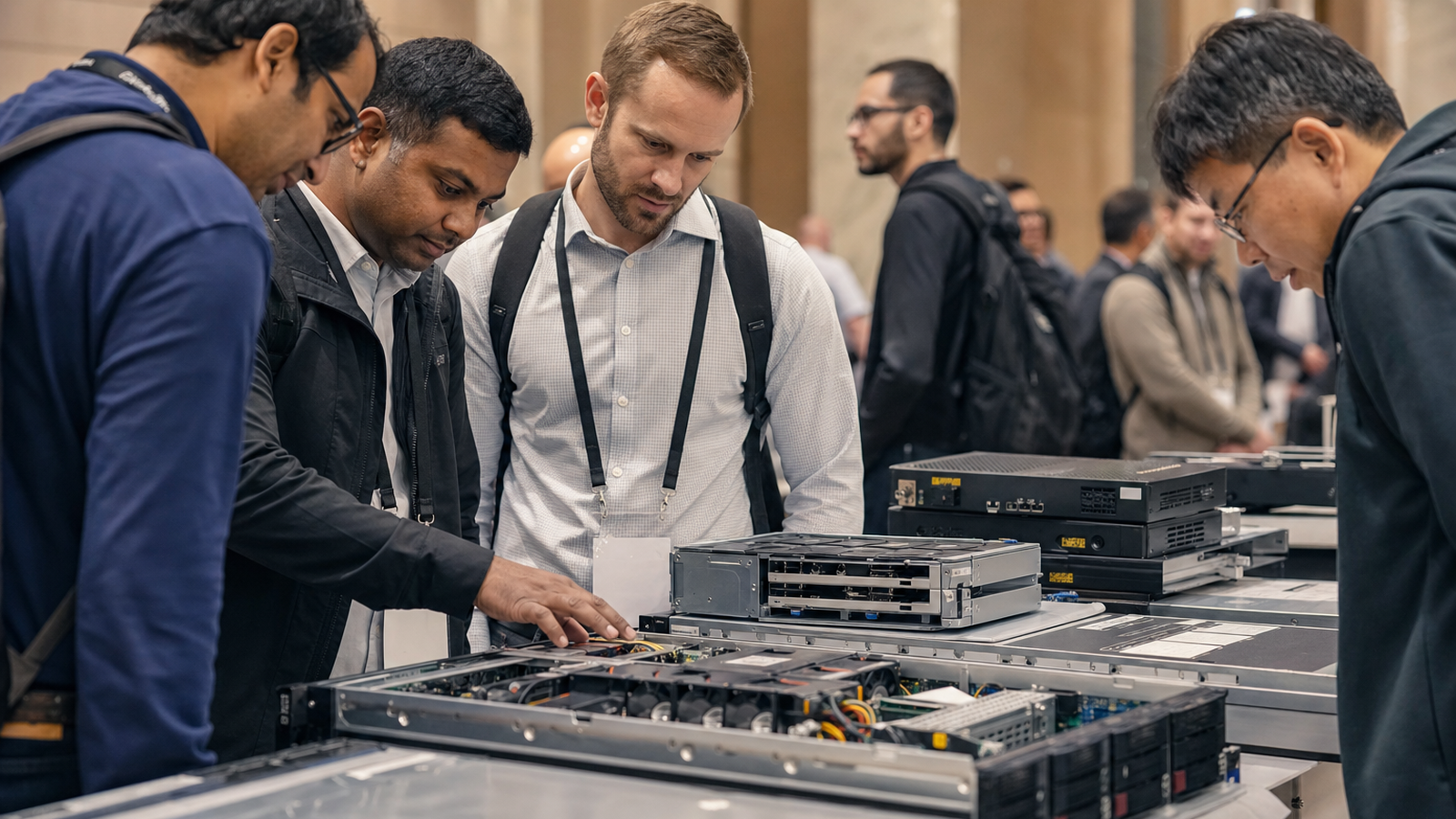 Conference floor style image with engineers looking at server trays and edge devices, shallow depth of field, no logos, no te