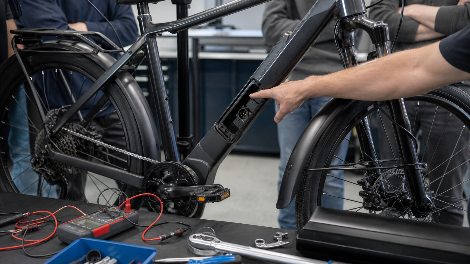 STEM workshop scene with an e-bike on a repair stand, battery removed, instructor pointing at connector area, no faces prominent, no brand marks, no f