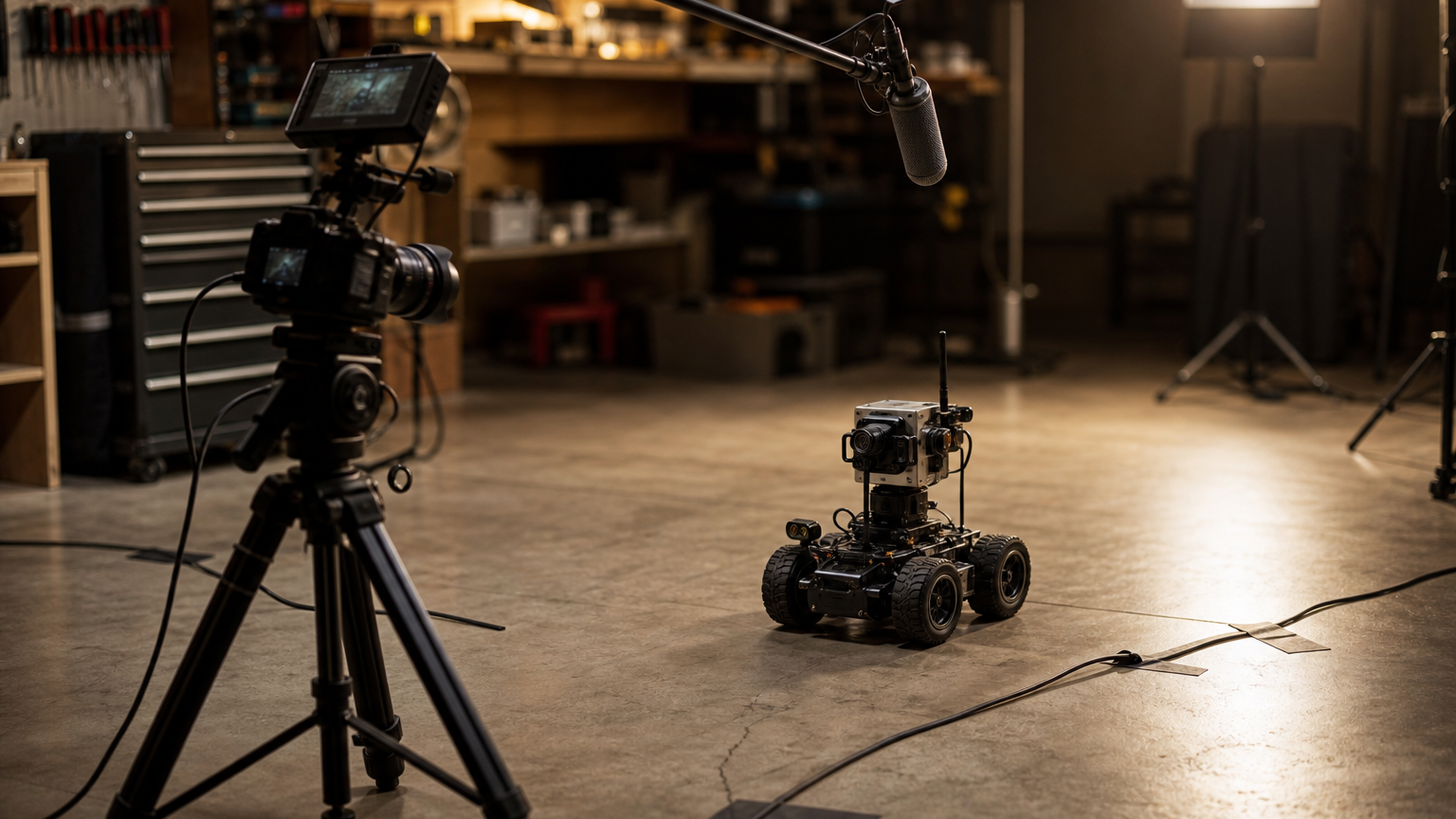 Workshop filming scene with a small robot on floor, camera tripod, microphone boom positioned safely away from wheels, cable taped down realistically,