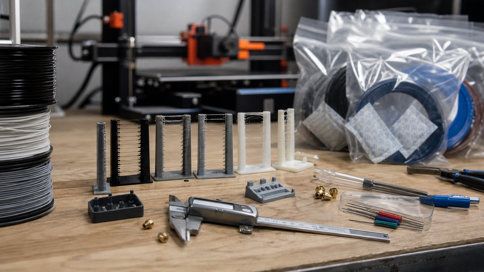 Maker-lab troubleshooting bench with stringing test towers, calipers, spare nozzles, sealed bags and desiccant, documentary style, neutral palette, no text