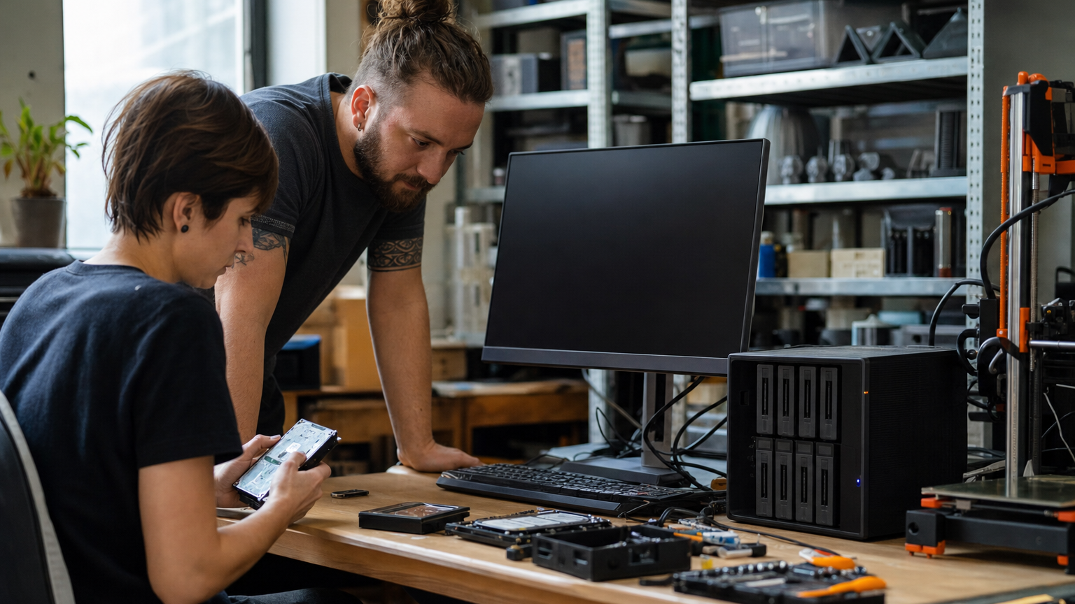 Documentary scene of a maker team restoring files on a workstation next to a NAS and 3D printer parts, screen blank, natural workshop lighting, no bra