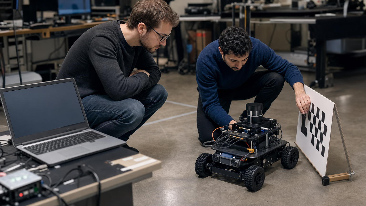 Workshop scene with a wheeled robot positioned beside a calibration target and a laptop off to the side, engineers reviewing sensor logs on blank scre