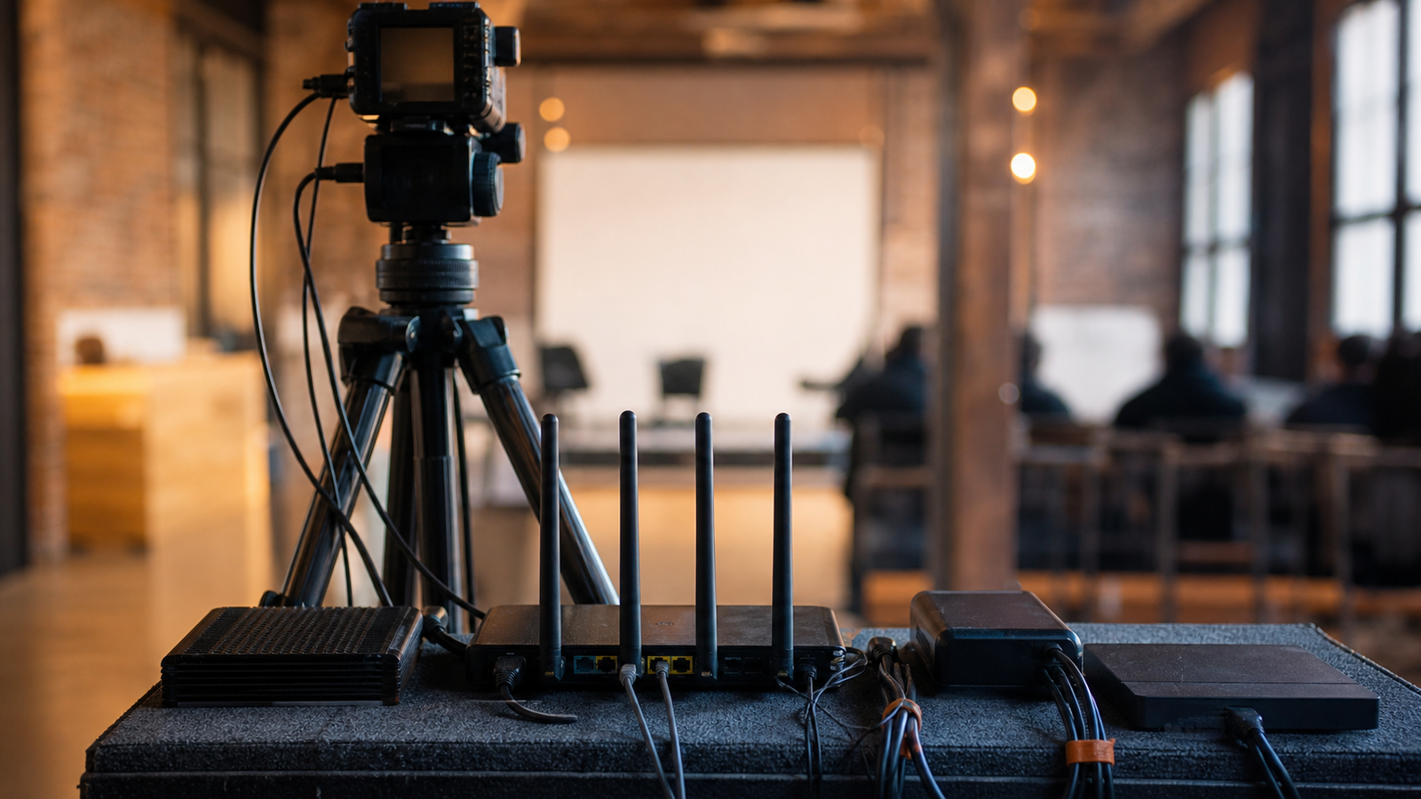 Small event streaming setup viewed from behind: camera on tripod, network router, power bank, backup recorder and cable ties, warm realistic lighting, no f