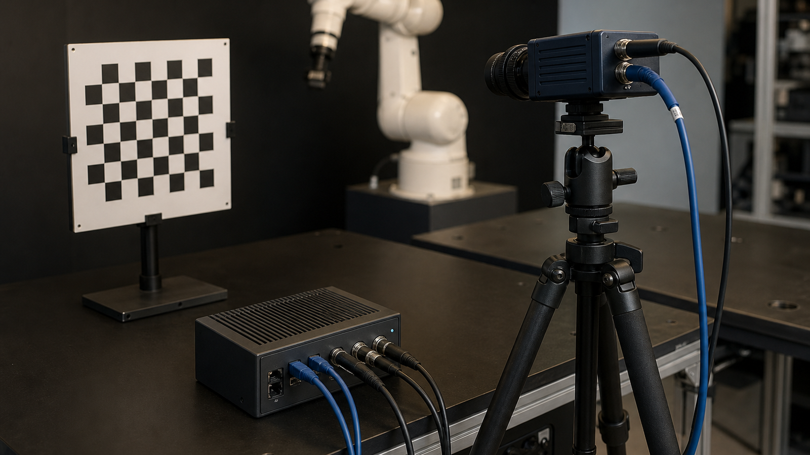 Workshop scene showing robot camera calibration setup with overhead glare avoided, matte background, cables connected cleanly