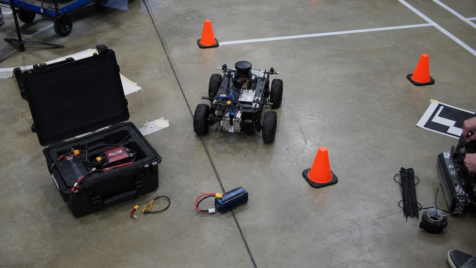 Overhead view of robotics team test area with cones, robot, data recorder case, spare battery and cable ties, documentary lighting, no faces prominent