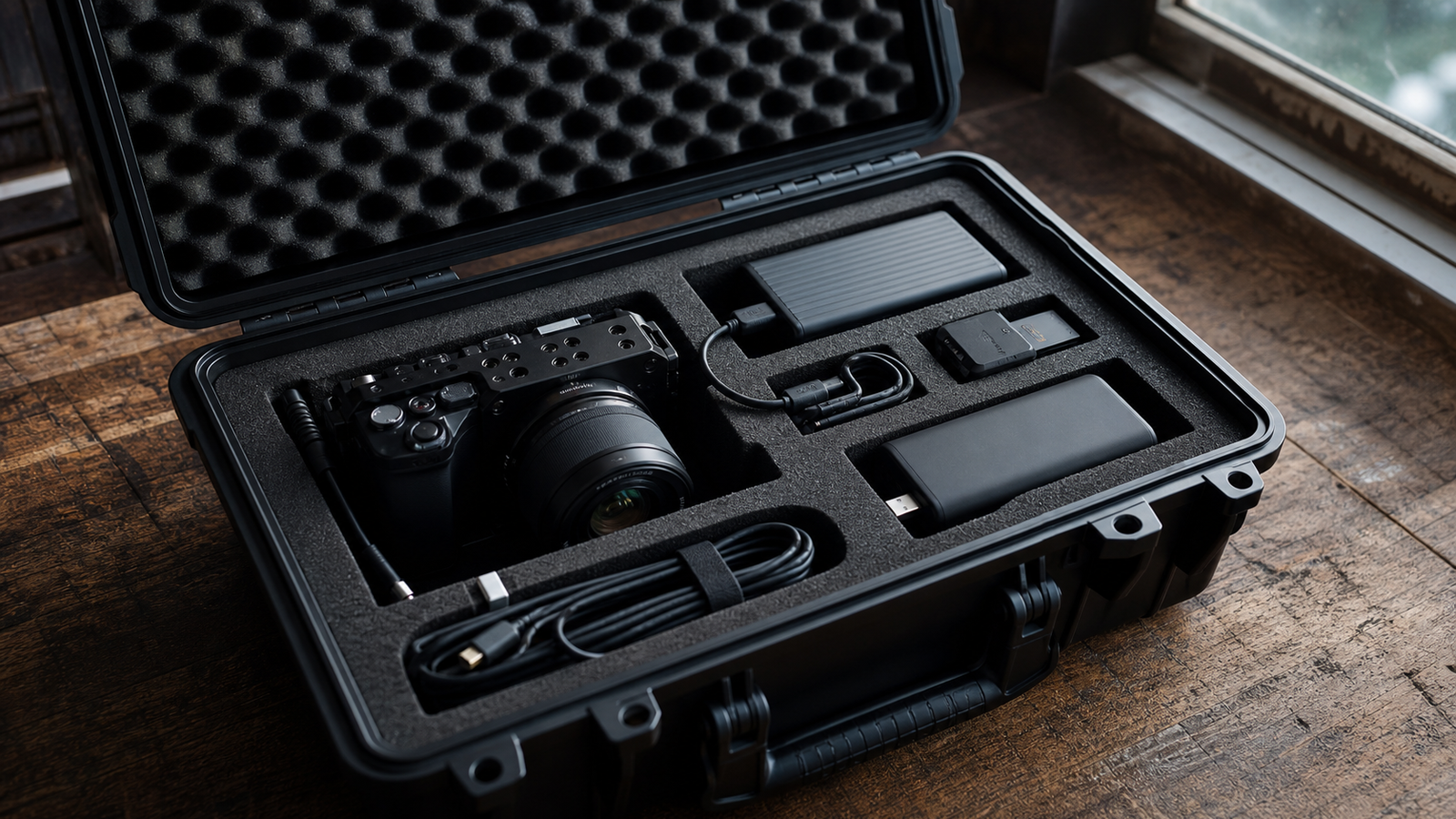 Documentary field-backup station with camera, portable SSD enclosure, cable strain relief and power bank arranged neatly in a rugged case, natural light, n