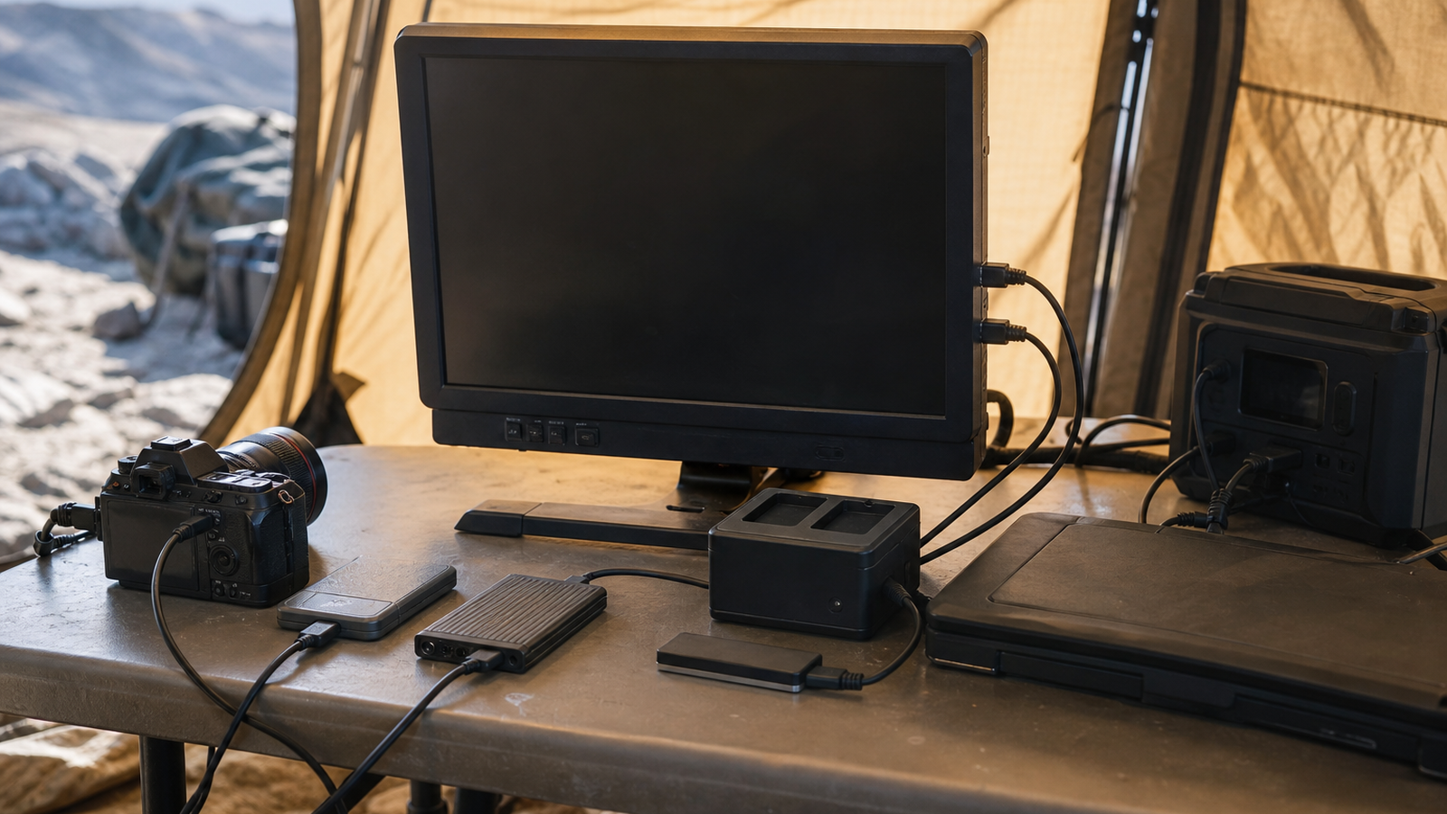 Documentary photo of creator workstation in a field tent with monitor, camera, SSD and dock, cables visibly connected to real