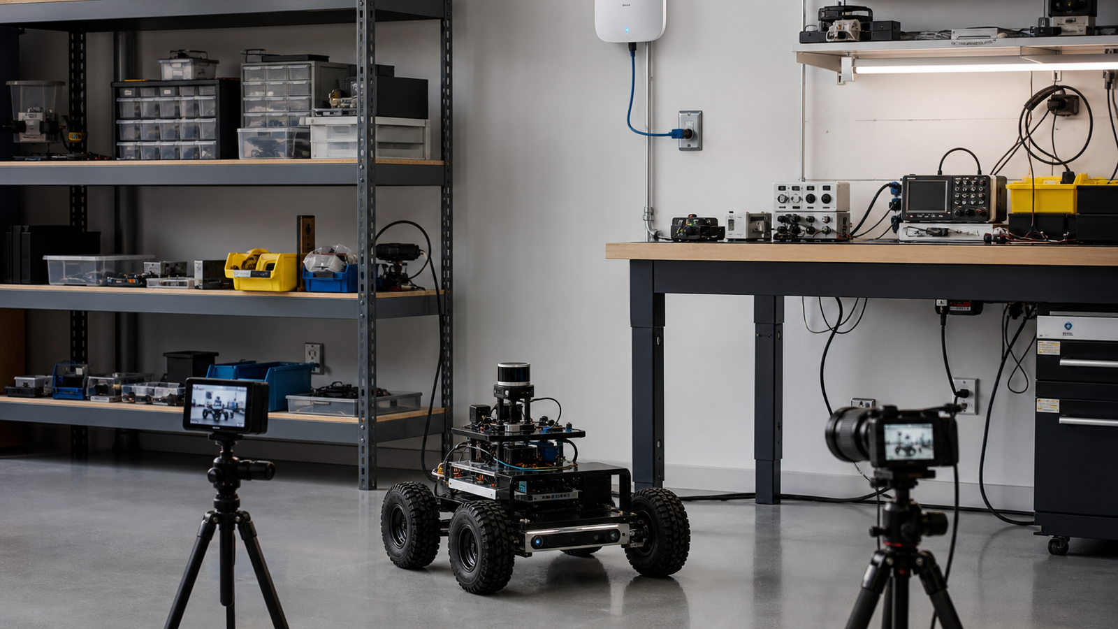 Maker lab scene with mobile robot and two cameras operating near shelves, access point visible high on wall, realistic cables