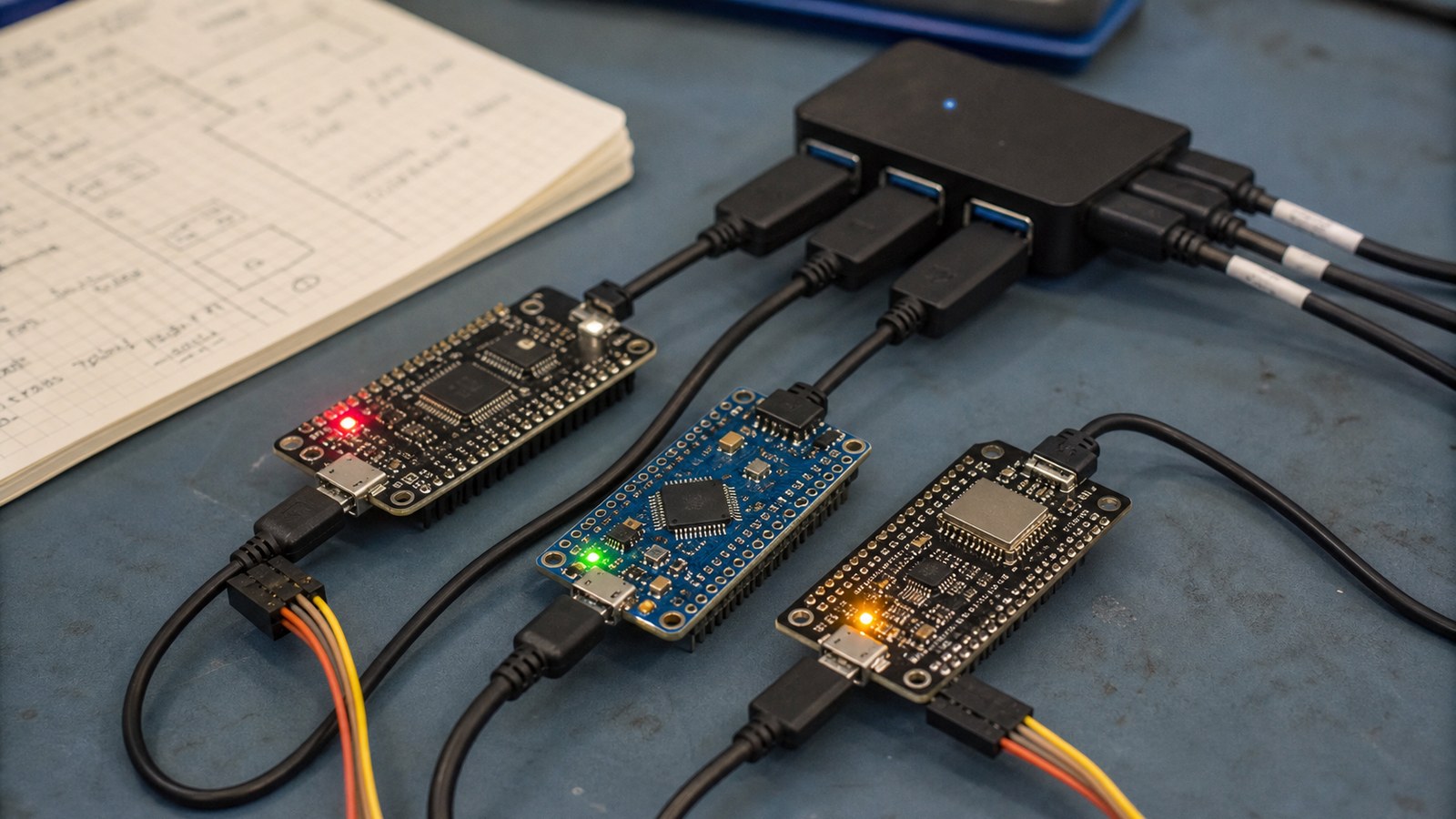 Multiple development boards connected for embedded portability testing