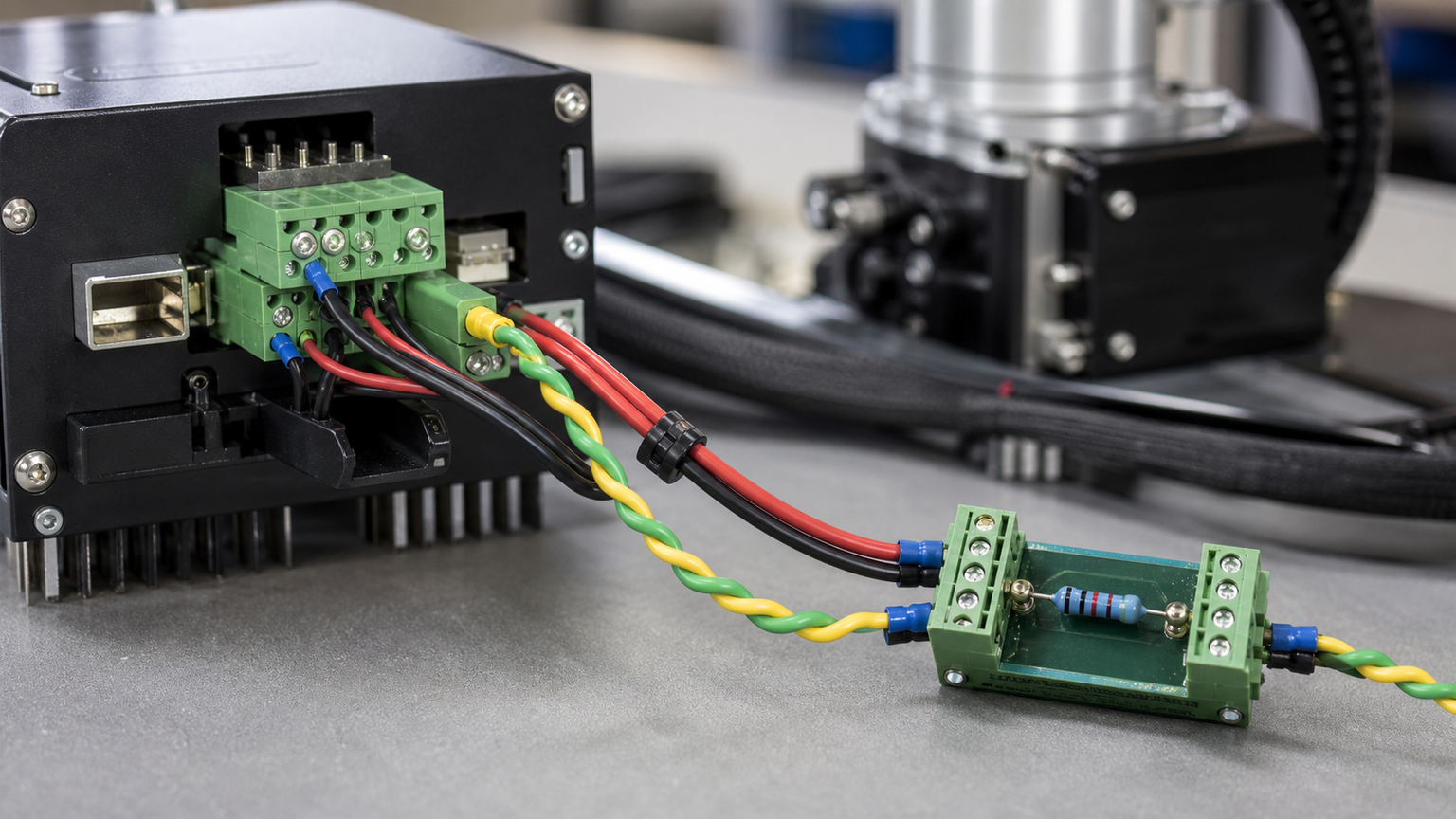 CAN bus twisted-pair harness with termination module on a small robot controller