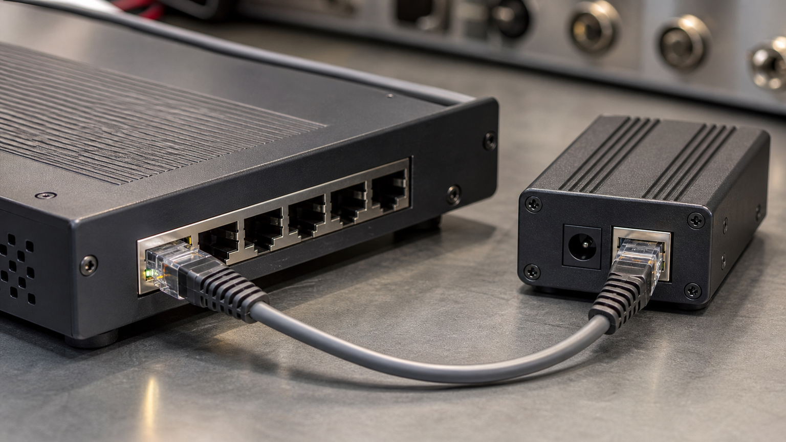 PoE camera cable connected to a compact network switch on a robot test bench