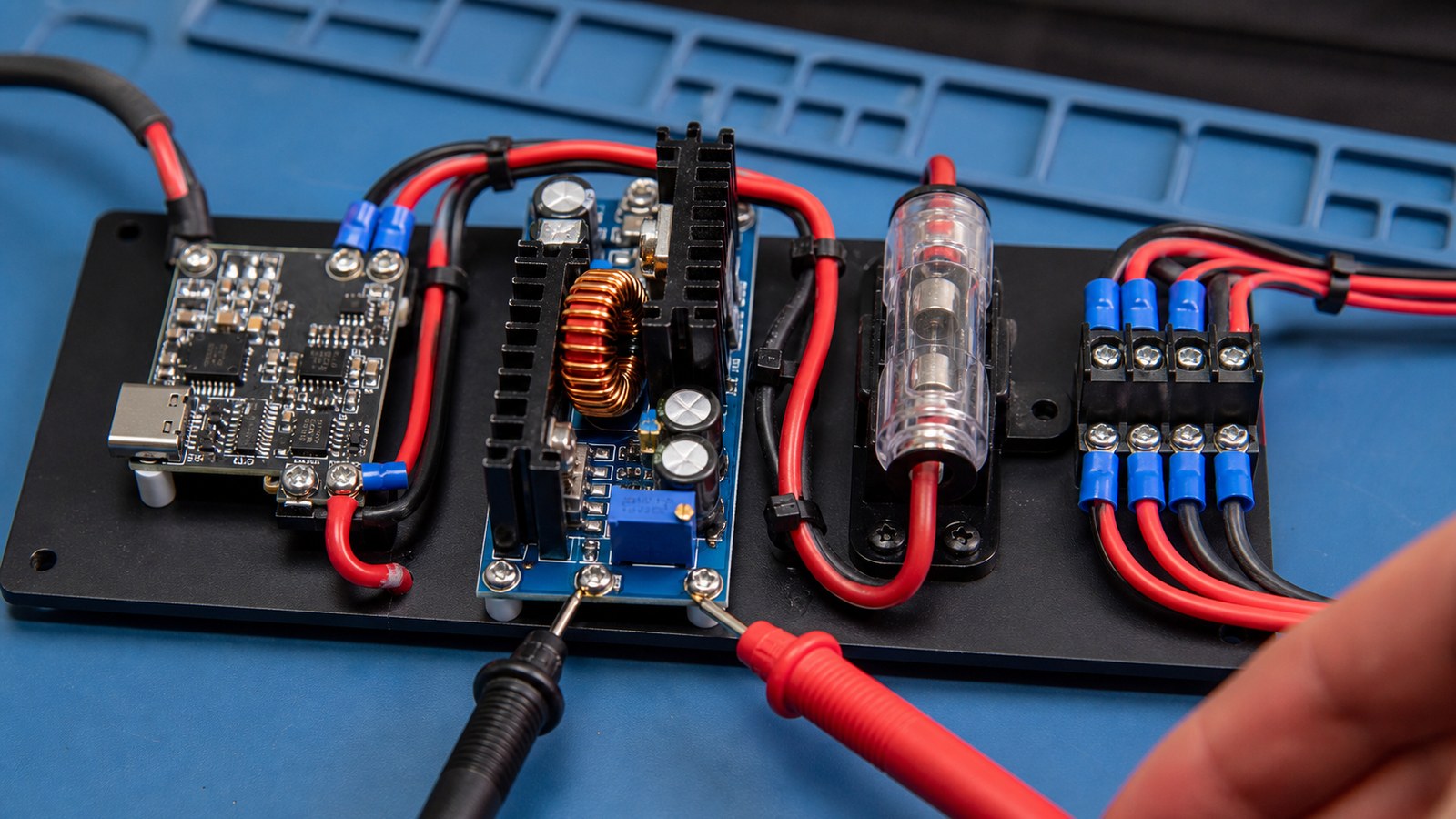 Regulated USB-C power path with fuse and converter components