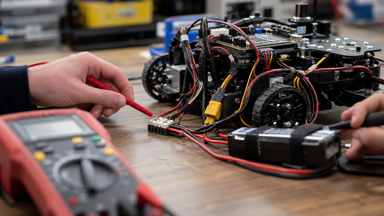 Classroom robot team measuring a CAN bus connector with a multimeter