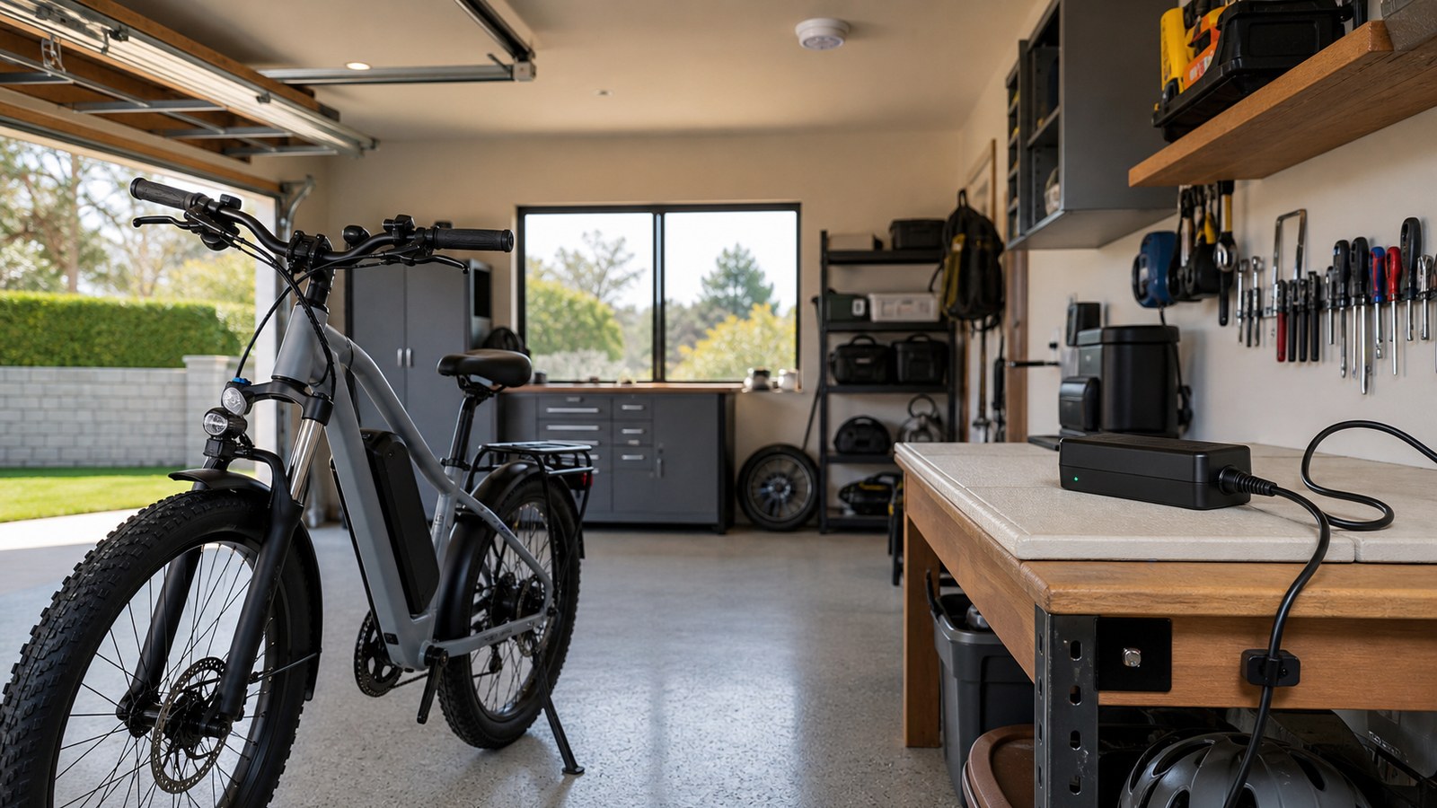 Tidy garage e-bike charging zone with practical spacing