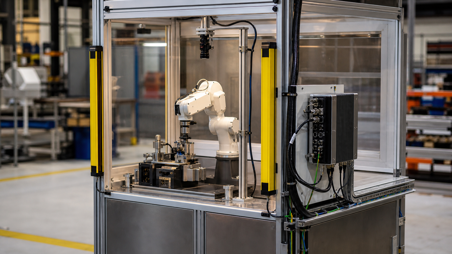 Small industrial robot cell with a local AI compute box and camera mast