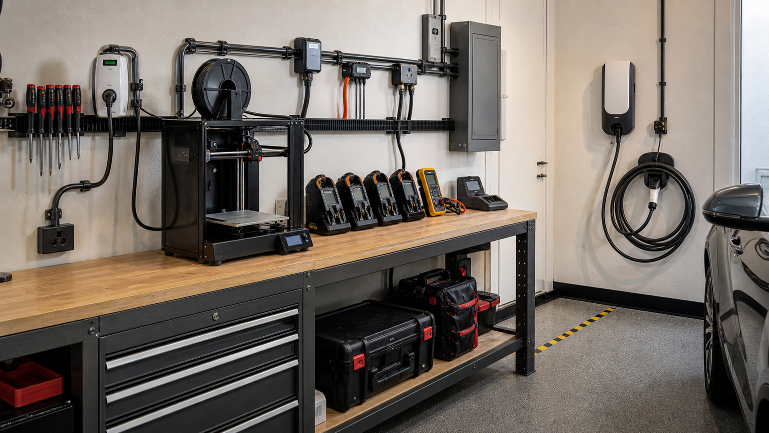 Garage maker lab workbench with power management separated from EV charging