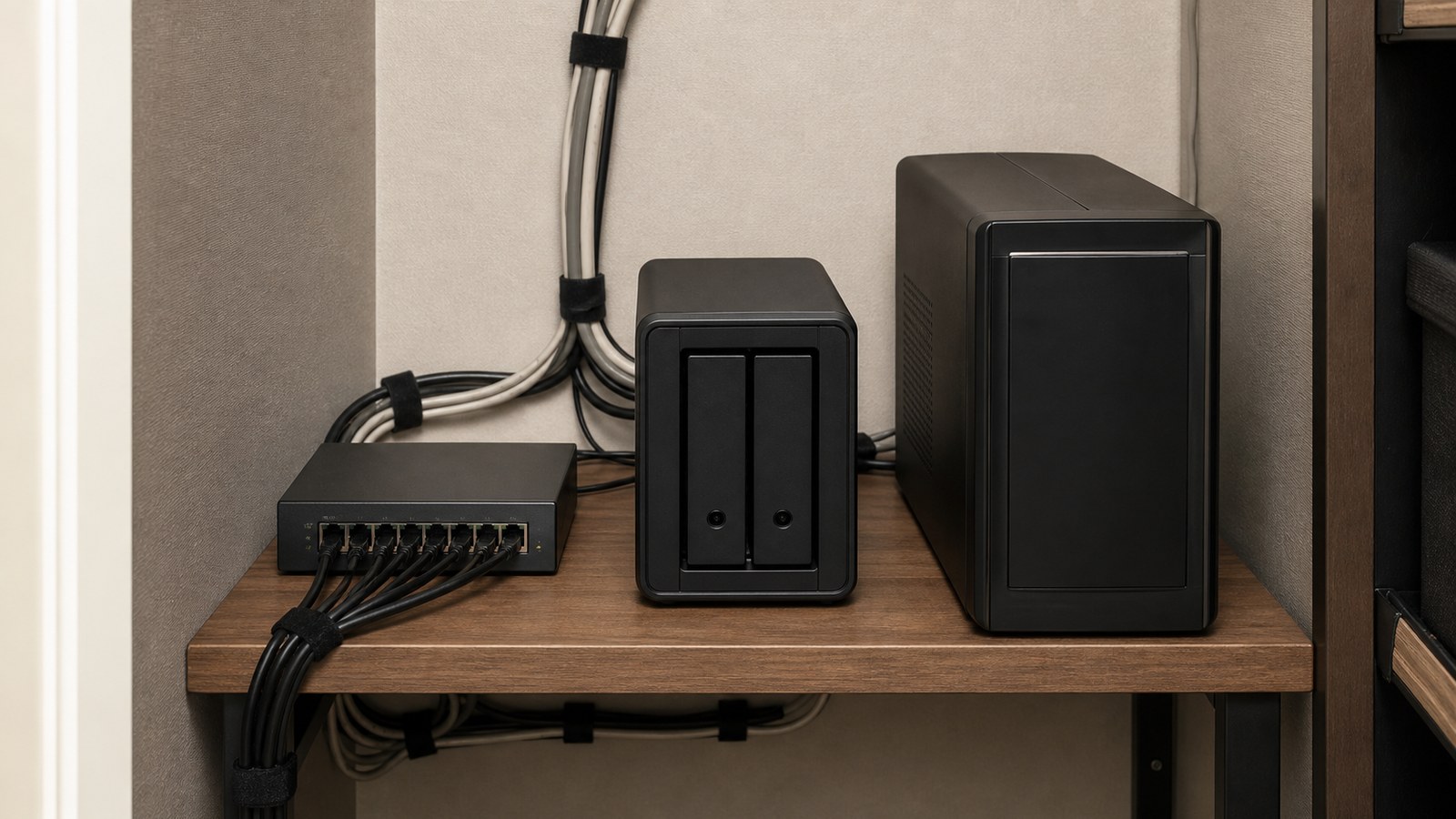 Home lab backup station with compact storage and network switch
