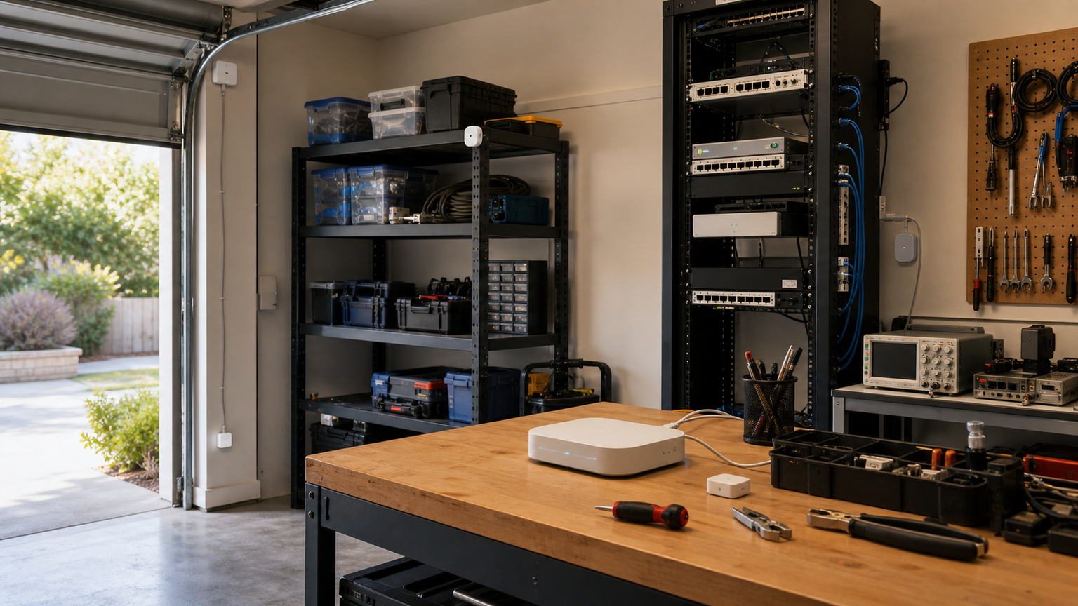 Garage maker lab with smart sensors placed around workbench and shelving