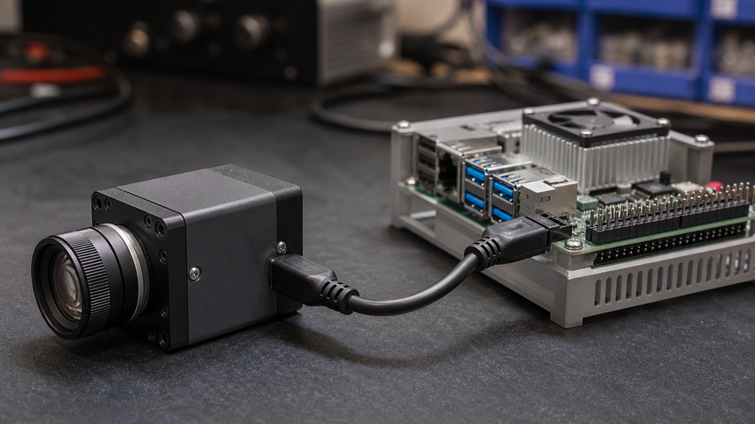 USB-C camera connected to a compact robotics computer on a test bench