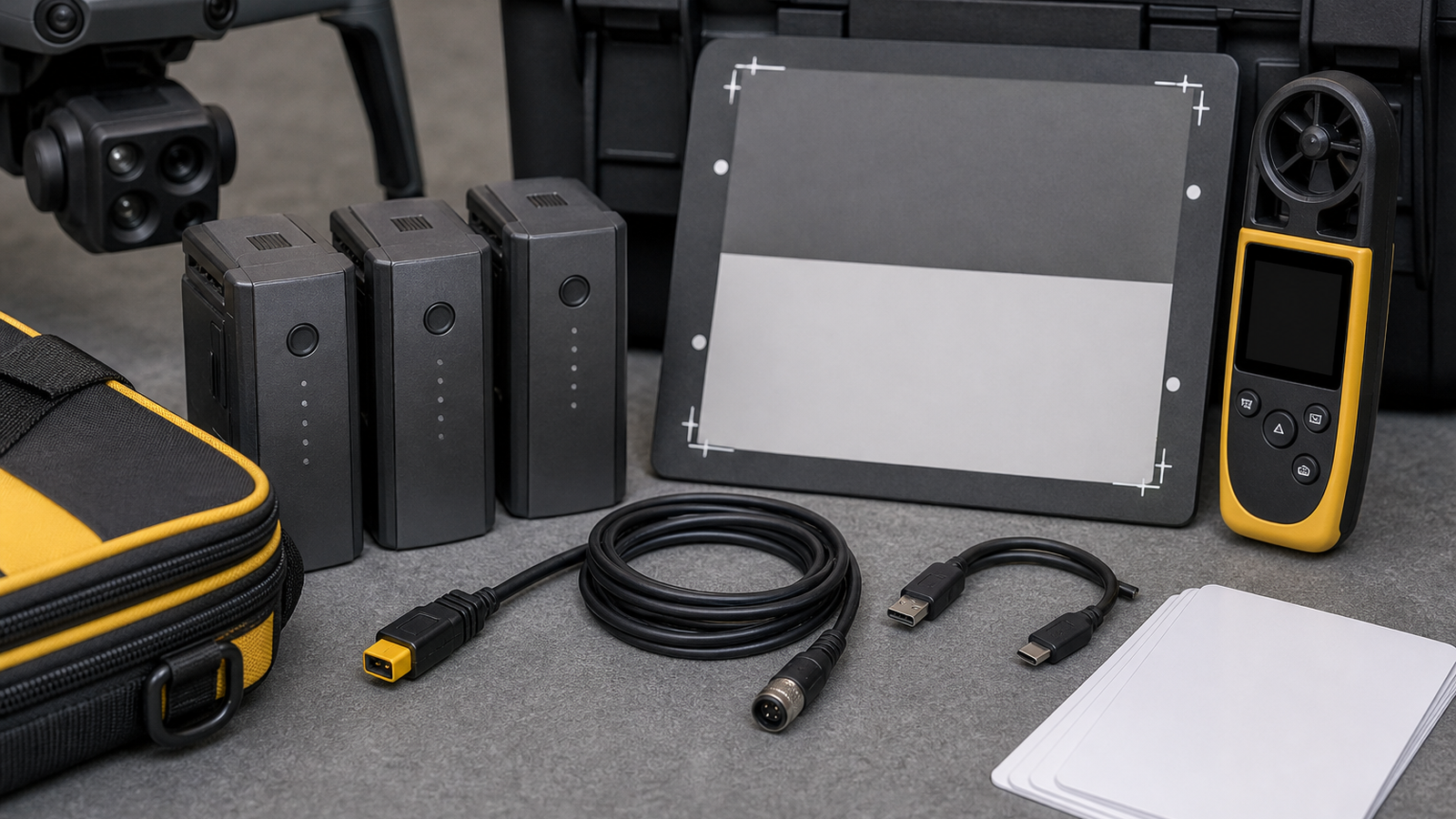 Close-up of thermal inspection planning kit with drone batteries and reference surface