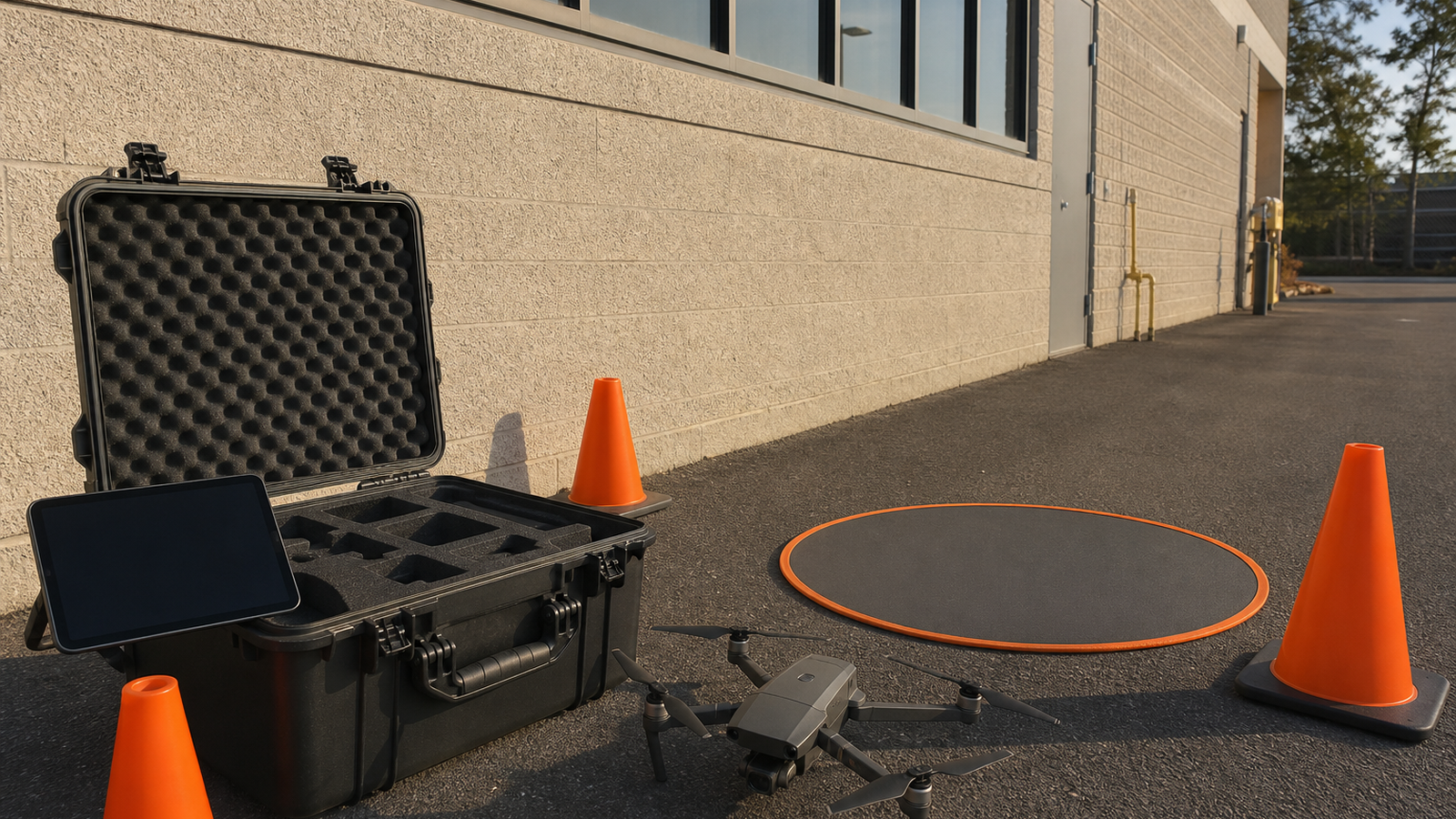 Outdoor inspection staging area with drone case, safety cones and tablet turned away