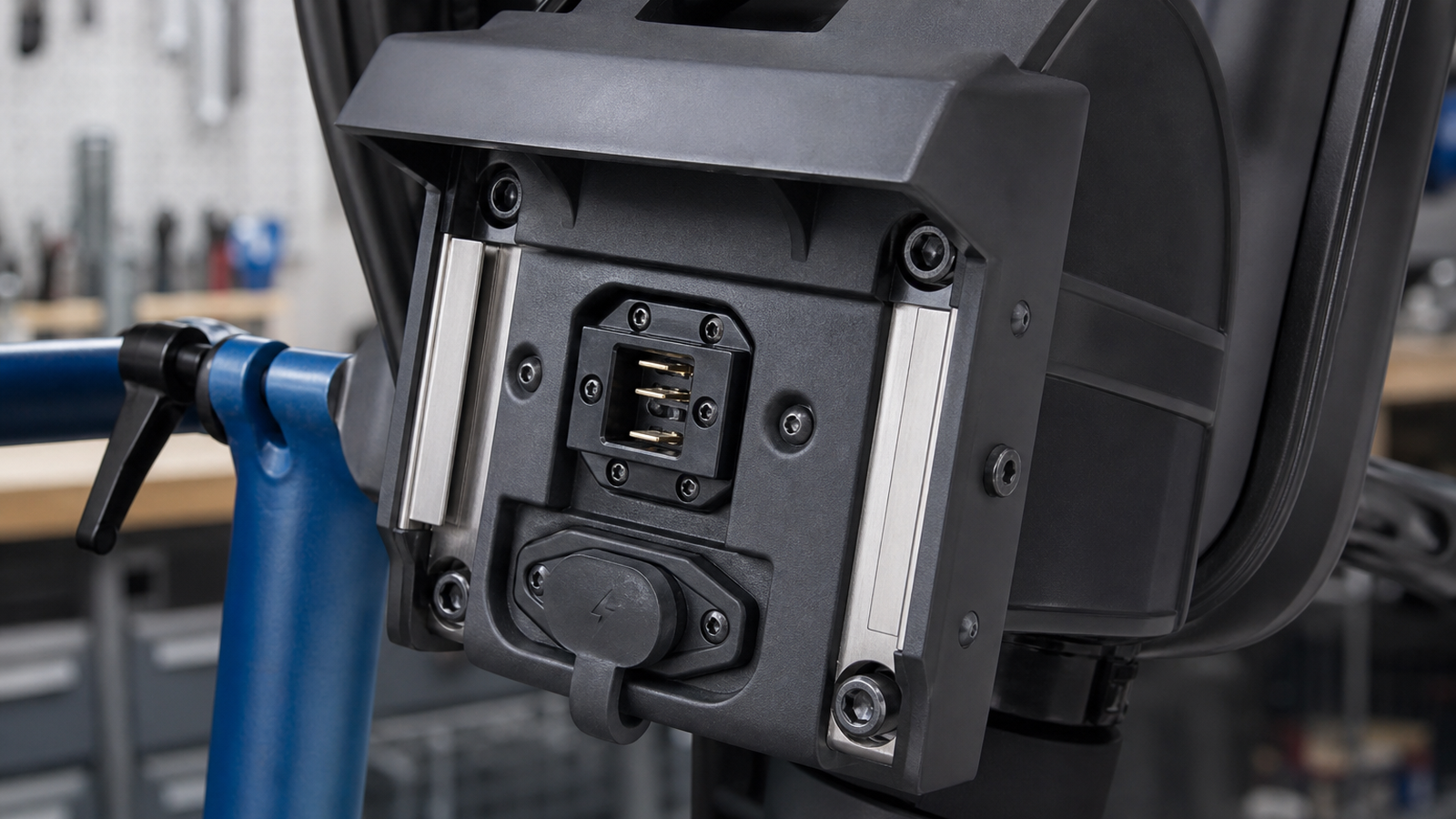 Close-up of removable e-bike battery pack mount and charging connector on a repair bench
