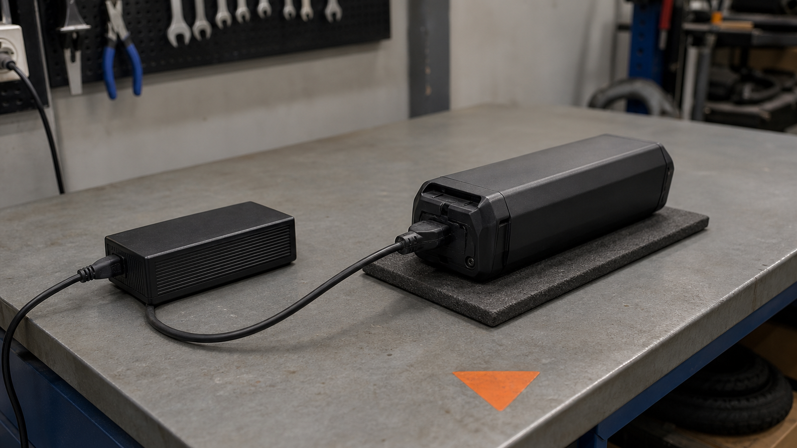 E-bike service bench with charger, battery pack and thermal-safe storage area