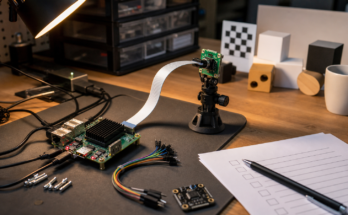 Raspberry Pi edge AI workbench with camera module, notebook and compact test objects