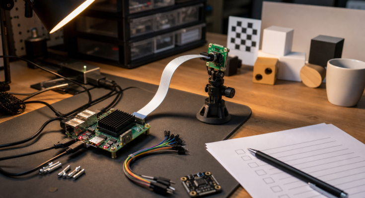Raspberry Pi edge AI workbench with camera module, notebook and compact test objects