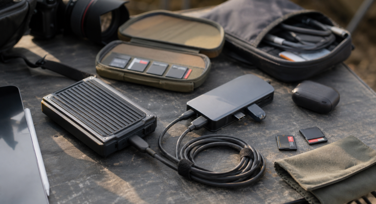 USB4 creator backup kit with SSD enclosure, marked cables and camera media cards