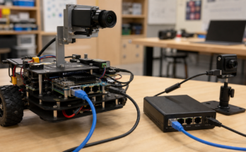 Classroom robot camera wiring comparison with Ethernet and USB-C paths