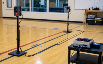 STEM sports timing gate test lane with sensors and safe mounts