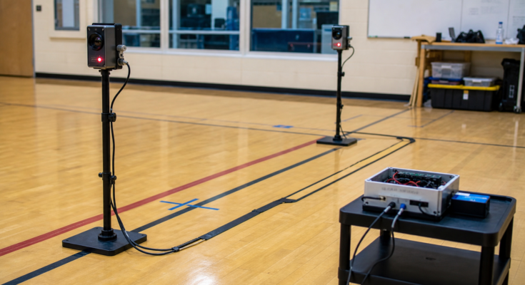 STEM sports timing gate test lane with sensors and safe mounts STEM sports timing gate test lane with sensors and safe mounts