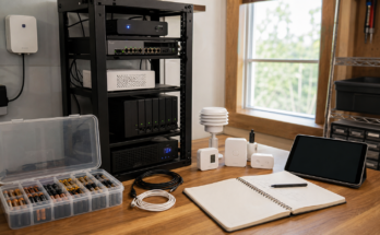 Home lab sensor maintenance kit near a small rack and dashboard tablet
